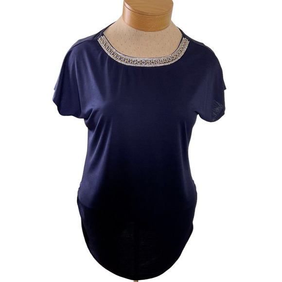 Sweet Wanderer Maternity Medium Navy Blue Embellished Neckline Blouse Top New - Picture 1 of 14